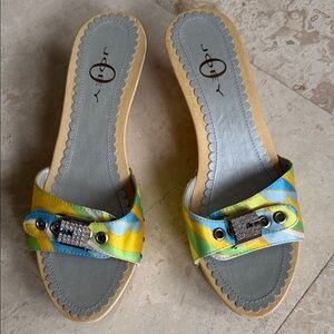Women's Yellow & Blue Slip-On Wedge Sandals